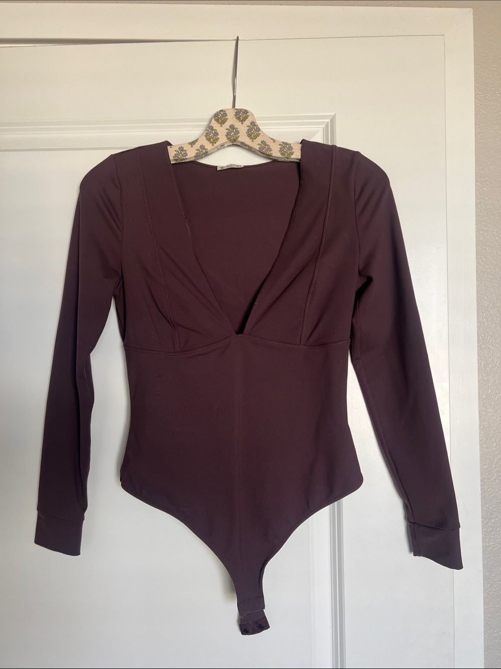 Free People Deep Plum Long Sleeve V-Neck Bodysuit